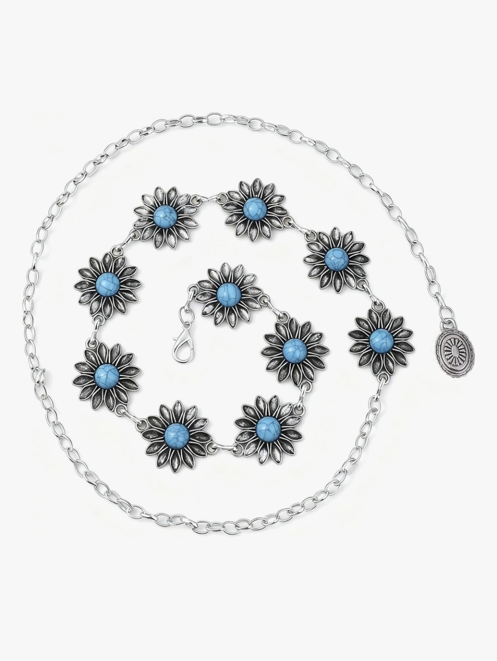 Silver Daisy Western Concho Belt with Turquoise Accents